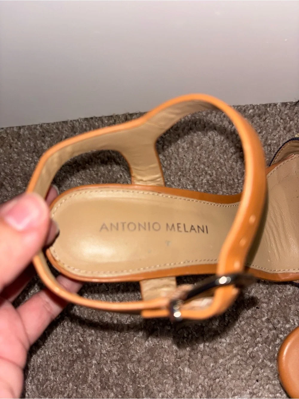 ANTONIO MELANI Tan Wedge Sandals with Navy Jeweled Front Strap